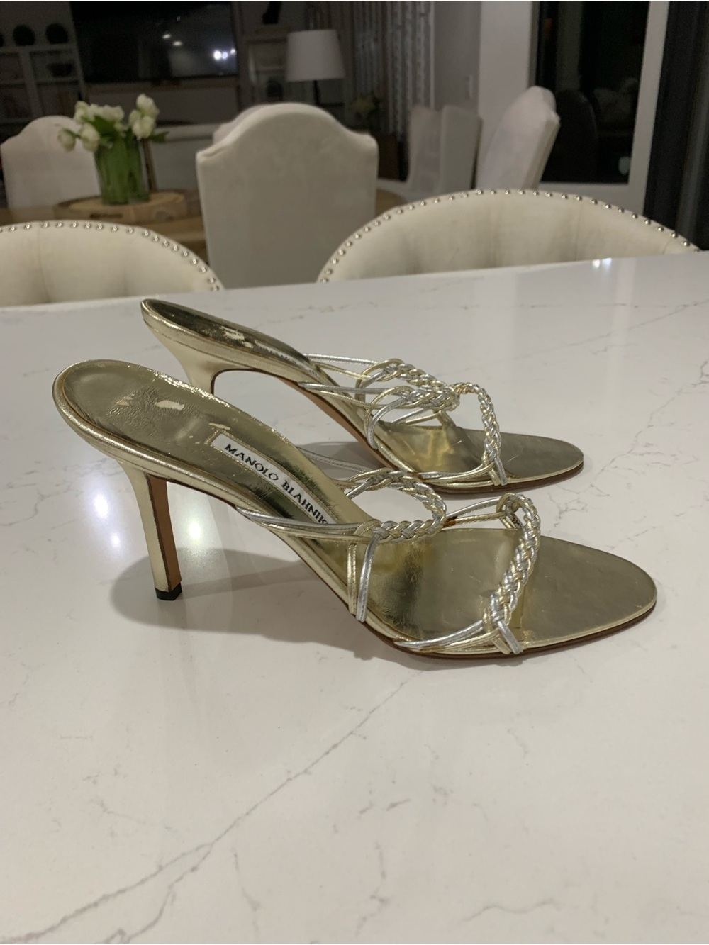 Manolo Blahnik Metallic Gold Braided-Strap Stiletto Mules Shoes 40